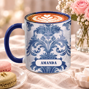 Mug Élégant damasqué monogramme Toile de Jouy bleue