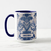 Mug Élégant damassé Bleu toile de jouy monogramme (Gauche)