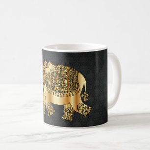 Mug Elégant Eléphant Floral Paisley Or, Damas Noir