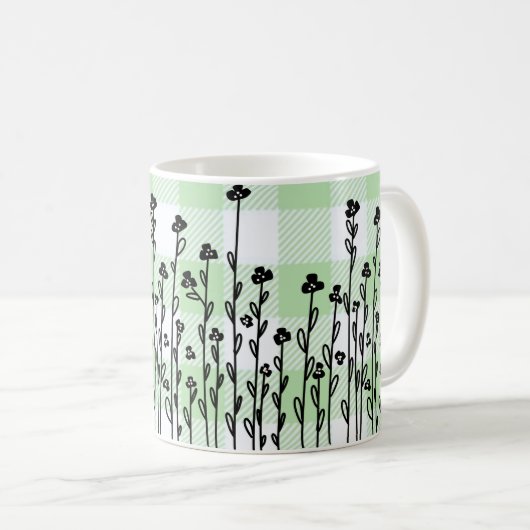 Mug Élégant en vichy vert floral noir blanc doodé (Devant droit)