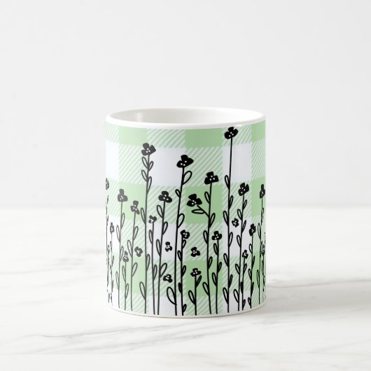 Mug Élégant en vichy vert floral noir blanc doodé (Centre)