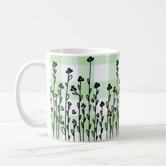 Mug Élégant en vichy vert floral noir blanc doodé (Gauche)