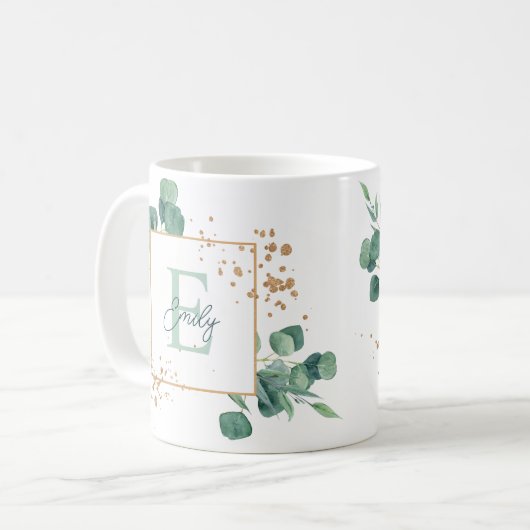 Mug Élégant Eucalyptus Vert & Monogramme Or (Devant gauche)