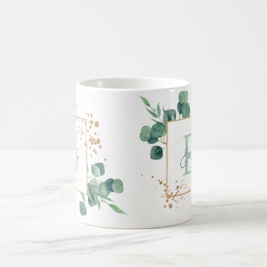 Mug Élégant Eucalyptus Vert & Monogramme Or (Centre)
