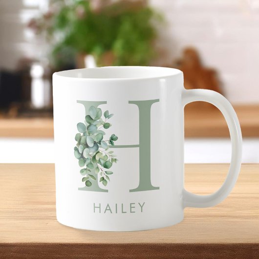 Mug Elégant Eucalyptus Vert Nom initial Monogramme