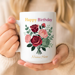Mug Elegant Fleurs Joyeux Anniversaire Nom Personnalis