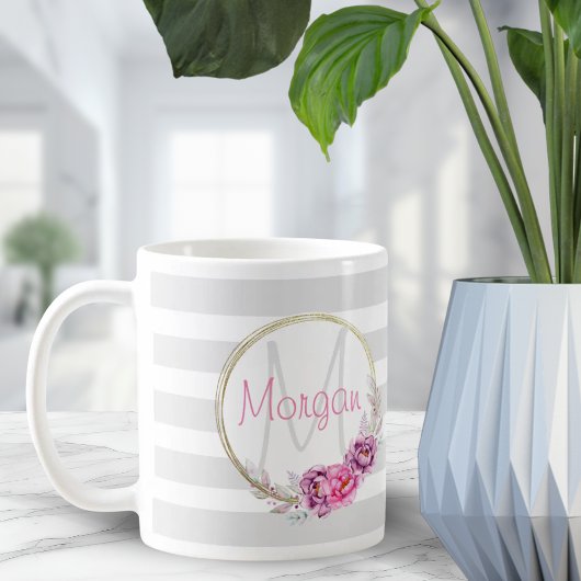 Mug Elégant floral Gold Bordure bandes Monogramme
