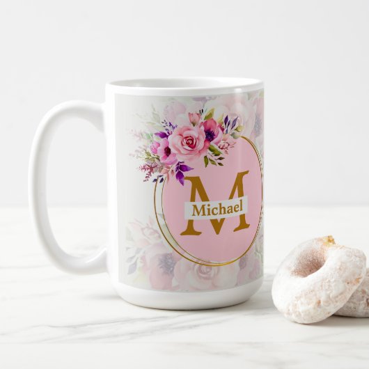 Mug Elegant Floral Gold Monogram | Name & Initial (Avec donut)