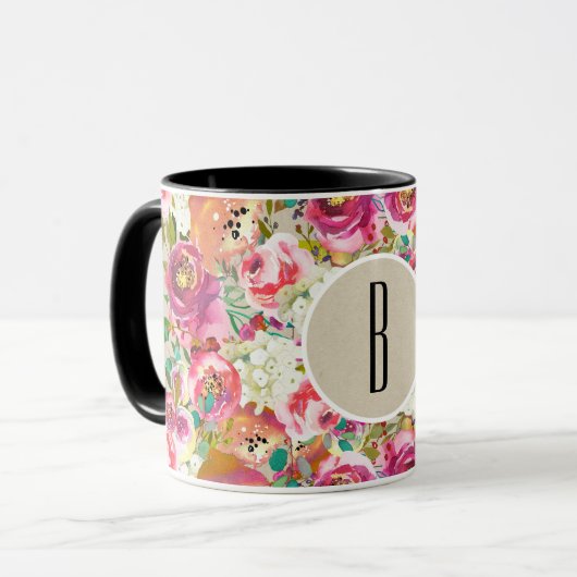 Mug Élégant Floral Rustique Chic Kraft Monogramme Pers (Devant gauche)