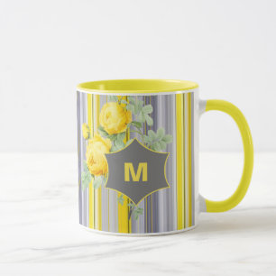 Mug Élégant Floral Stipé Soleil gris Jaune Monogramme