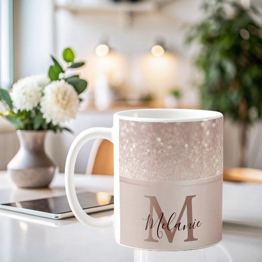Mug Élégant glitterie rose or métal glam monogramme
