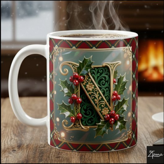 Mug Elegant Gold Holly Christmas Initial Letter N