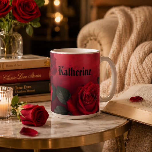 Mug Elegant Gothic Roses Rouges Nom Personnalisé