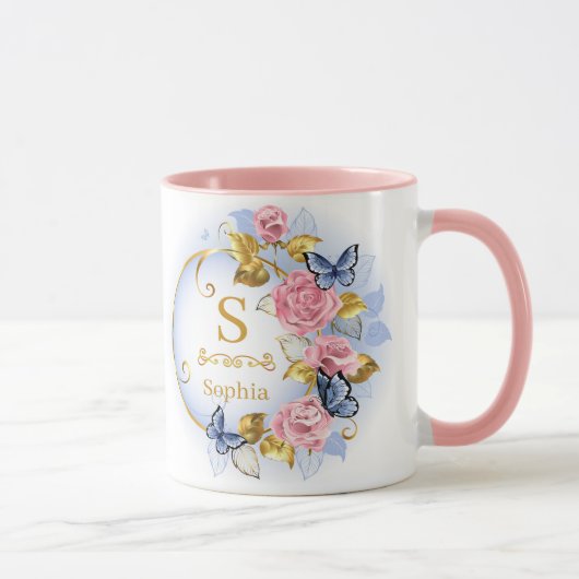 Mug Elegant Initial Floral Butterfly Monogram and Name (Droite)