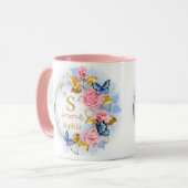 Mug Elegant Initial Floral Butterfly Monogram and Name (Devant gauche)