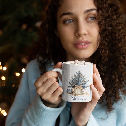 Mug Elégant Joyeux Arbre de Noël Or bleu Aquarelle