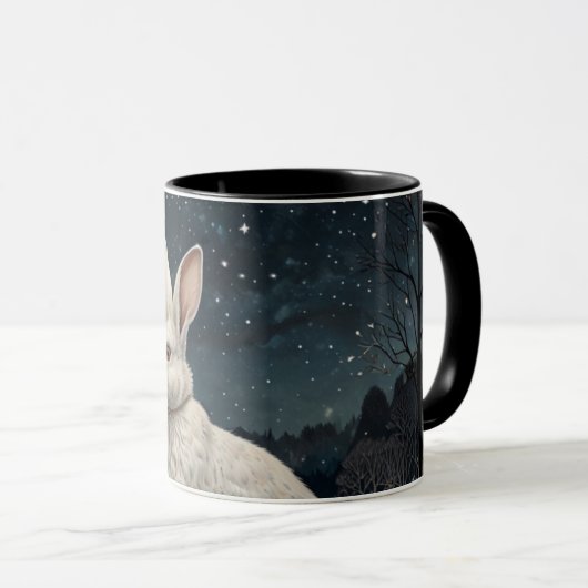 Mug Elégant lapin blanc Noël forêt enneigée (Devant droit)