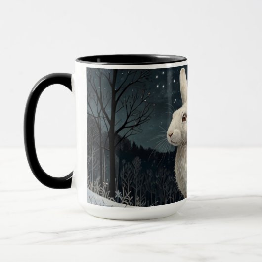 Mug Elégant lapin blanc Noël forêt enneigée (Gauche)