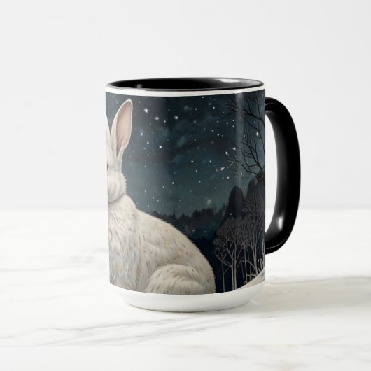 Mug Elégant lapin blanc Noël forêt enneigée (Devant droit)