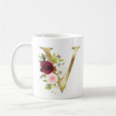 Mug Élégant lettre dorée V monogramme floral rose café (Gauche)