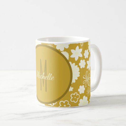 MUG ÉLÉGANT LUXE GOLD CREAM FLOWWER MONOGRAM FLORAL (Devant droit)