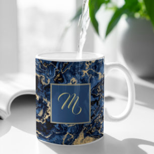 Mug Elégant Marbre Bleu Et Or Nom Personnalisé Café