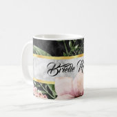 Mug Élégant Marbre Noir Rose Floral Avec Nom (Devant gauche)