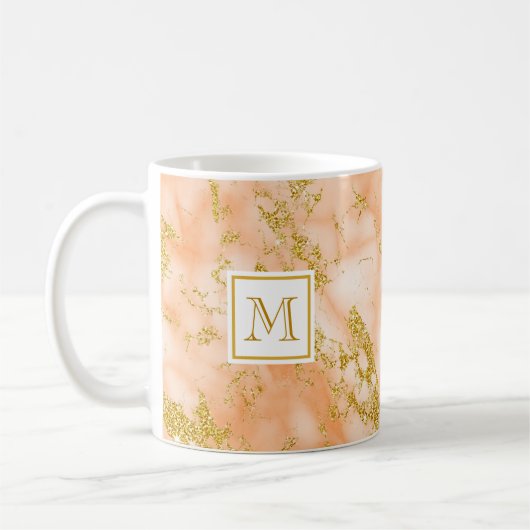 Mug Elégant Marbre Orange Monogramme Parties scintilla (Gauche)