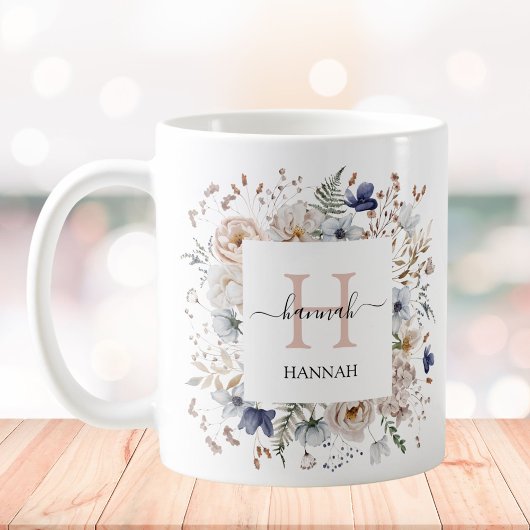 Mug Elegant Monogram Pretty Beige Blue Flowers Floral