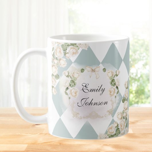 Mug Elegant Monogram White Roses Green Leaves Diamond