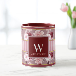 Mug Élégant Monogramme à rayures florales rose bordeau