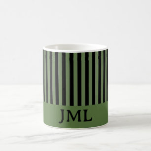 Mug Élégant Monogramme à rayures noir et vert foncé