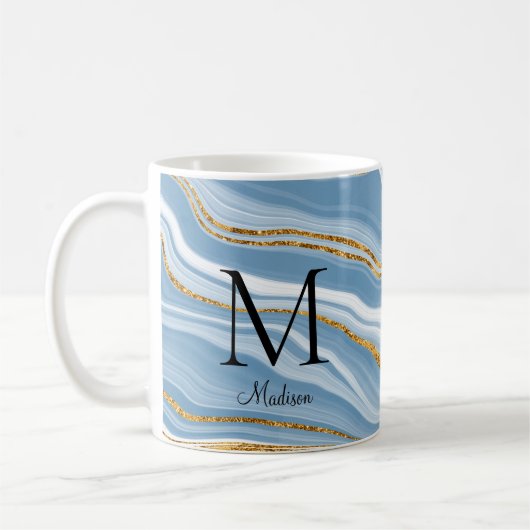 Mug Élégant Monogramme d'Agate Bleu Nom (Gauche)
