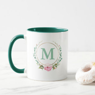 Mug Élégant monogramme de couronne florale rose rose
