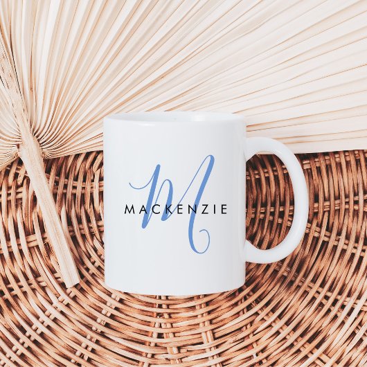 Mug Élégant Monogramme de Script bleu moderne