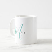 Mug Élégant Monogramme de script Turquoise moderne (Devant gauche)