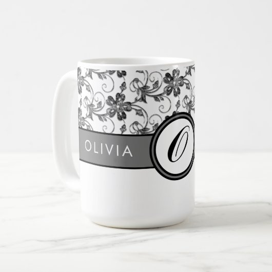 Mug Élégant Monogramme et motif floral noir (Devant gauche)