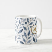 Mug Élégant Monogramme Feuille Bleue avec Initiale (Devant droit)