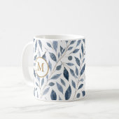 Mug Élégant Monogramme Feuille Bleue avec Initiale (Devant gauche)