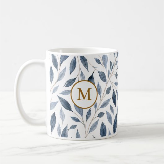 Mug Élégant Monogramme Feuille Bleue avec Initiale (Gauche)