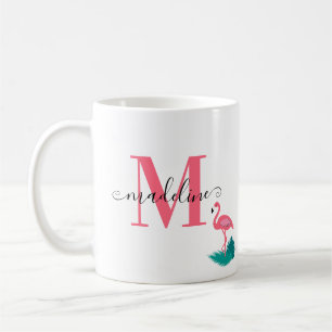 Mug Élégant Monogramme Feuille Tropical Flamant rose r