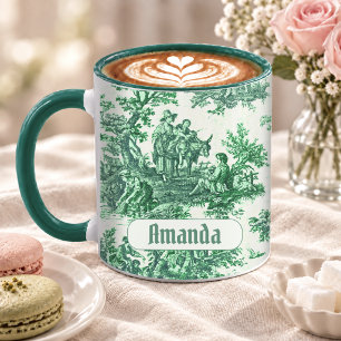 Mug Élégant Monogramme Floral Toile Vert Vintage