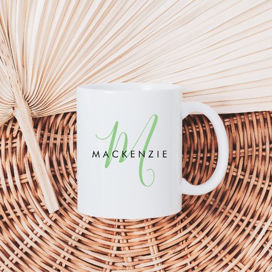 Mug Élégant Monogramme moderne de script vert