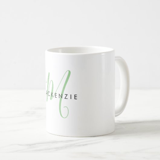 Mug Élégant Monogramme moderne de script vert (Devant droit)