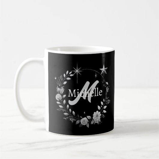 Mug Élégant Monogramme noir Argent Script (Gauche)