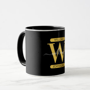 Mug Élégant Monogramme noir & or Script moderne