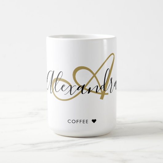 Mug Élégant Monogramme Nom initial Black Gold Script (Centre)