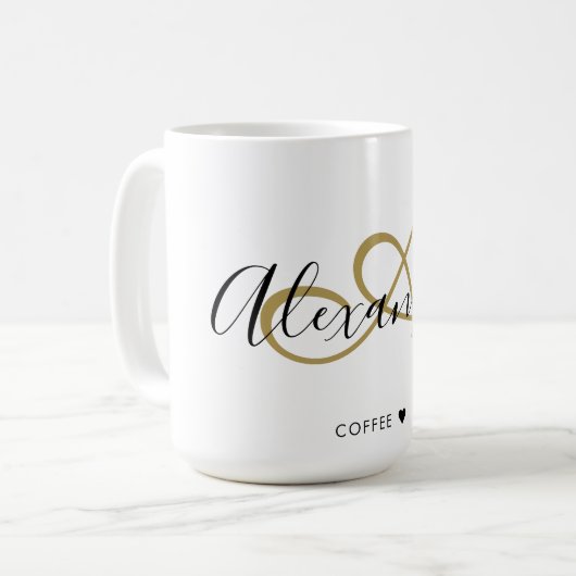 Mug Élégant Monogramme Nom initial Black Gold Script (Devant gauche)
