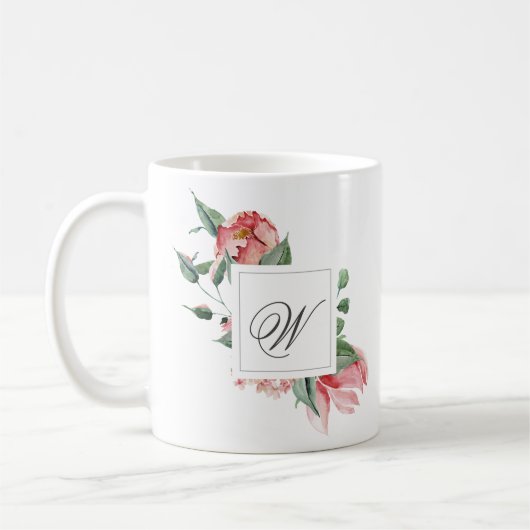 Mug Élégant Monogramme personnalisé avec roses roses r (Gauche)