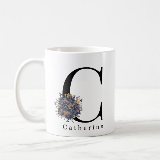 Mug Élégant monogramme végétal floral | Texte personna (Gauche)